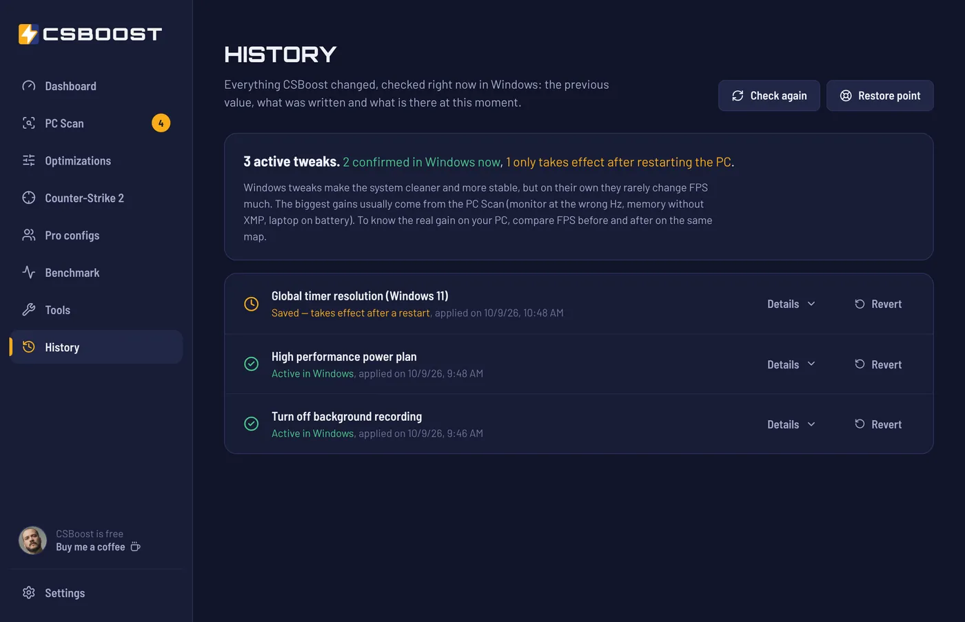 History screen showing active tweaks, checked in Windows, with a Revert button on each
