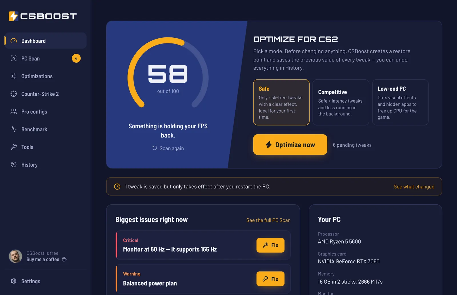 CSBoost home screen with the PC performance score, the Safe, Competitive and Low-end PC modes and the Optimize now button
