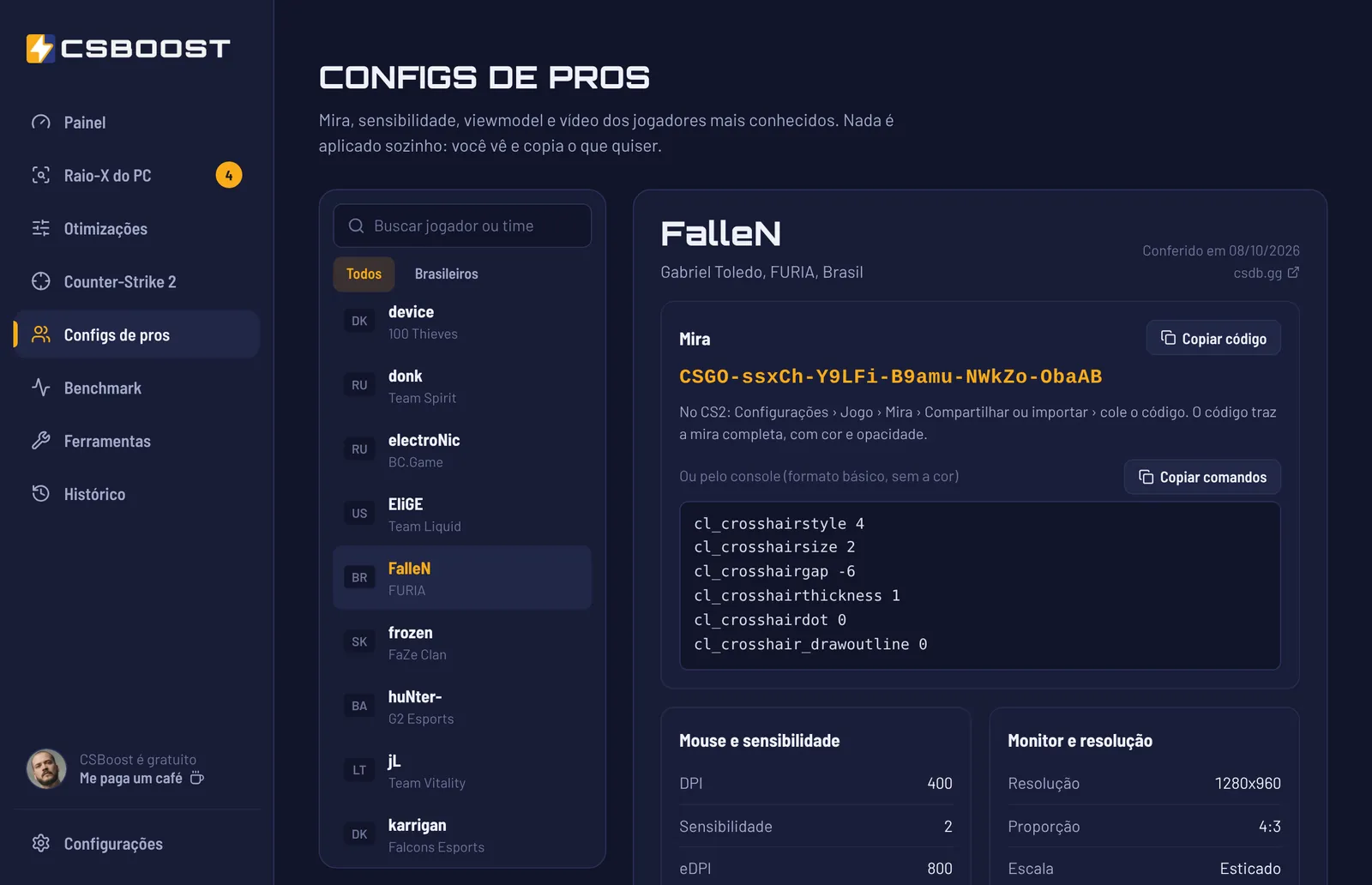 Tela Configs de pros com a lista de jogadores e a mira, sensibilidade e monitor do jogador selecionado