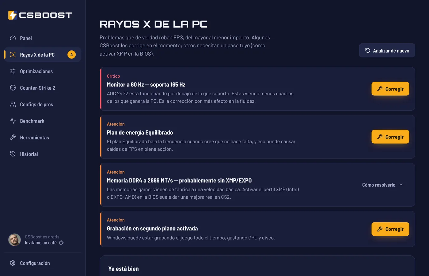 Pantalla Rayos X de la PC con problemas como monitor a 60 Hz y plan de energía Equilibrado, cada uno con el botón Corregir