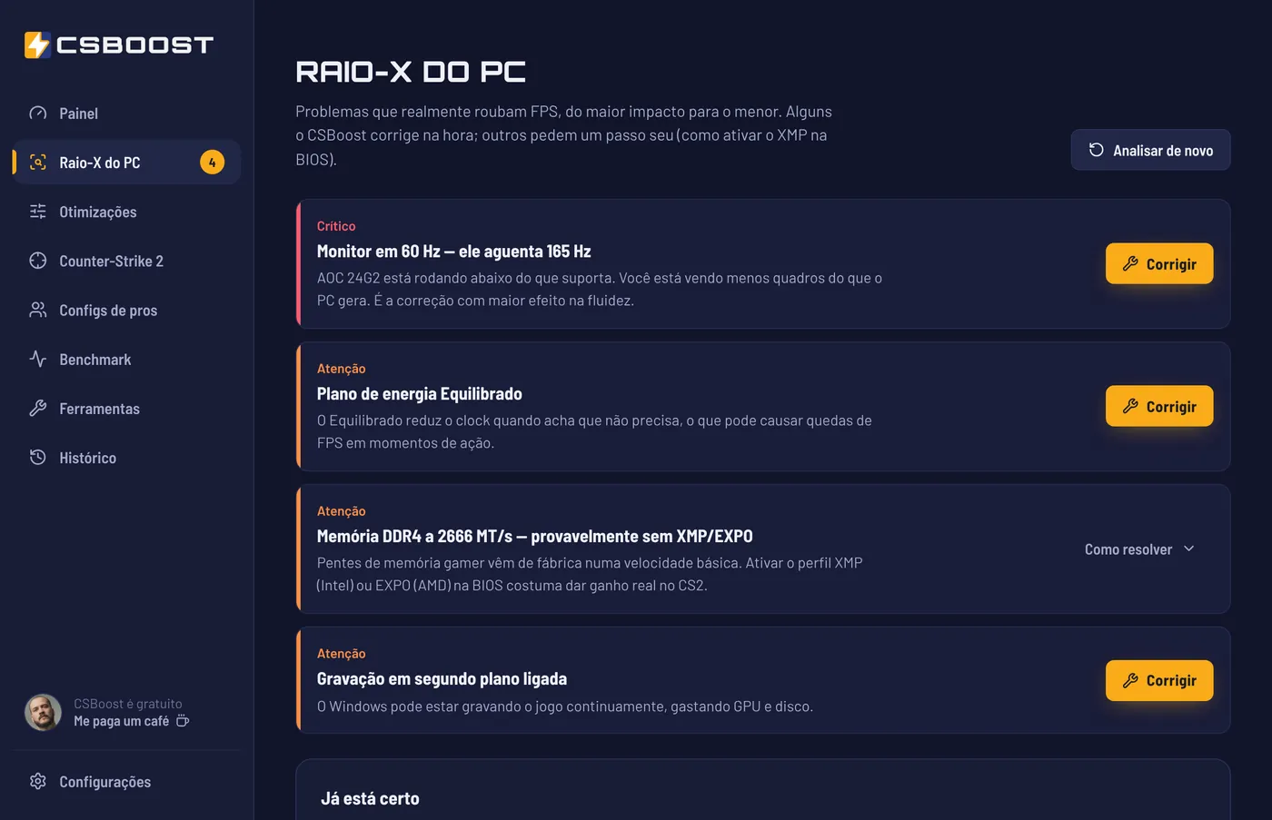 Tela Raio-X do PC listando problemas como monitor em 60 Hz e plano de energia Equilibrado, cada um com o botão Corrigir